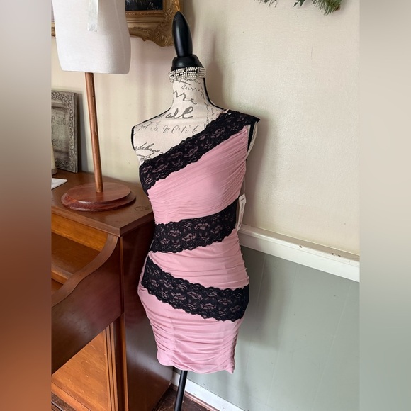 Adrianna Papell Pink and Black One Shoulder Bodycon Dress NWT - Picture 1 of 10